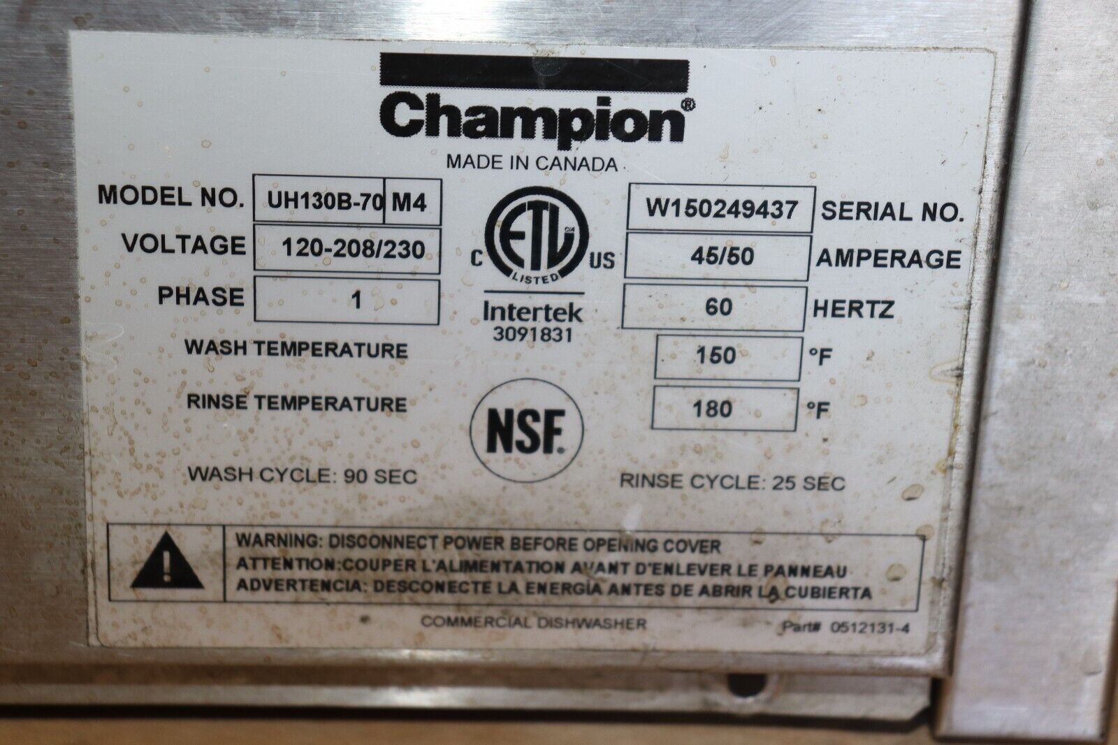 Champion UH-130B Commercial High Temperature Undercounter Dishwasher