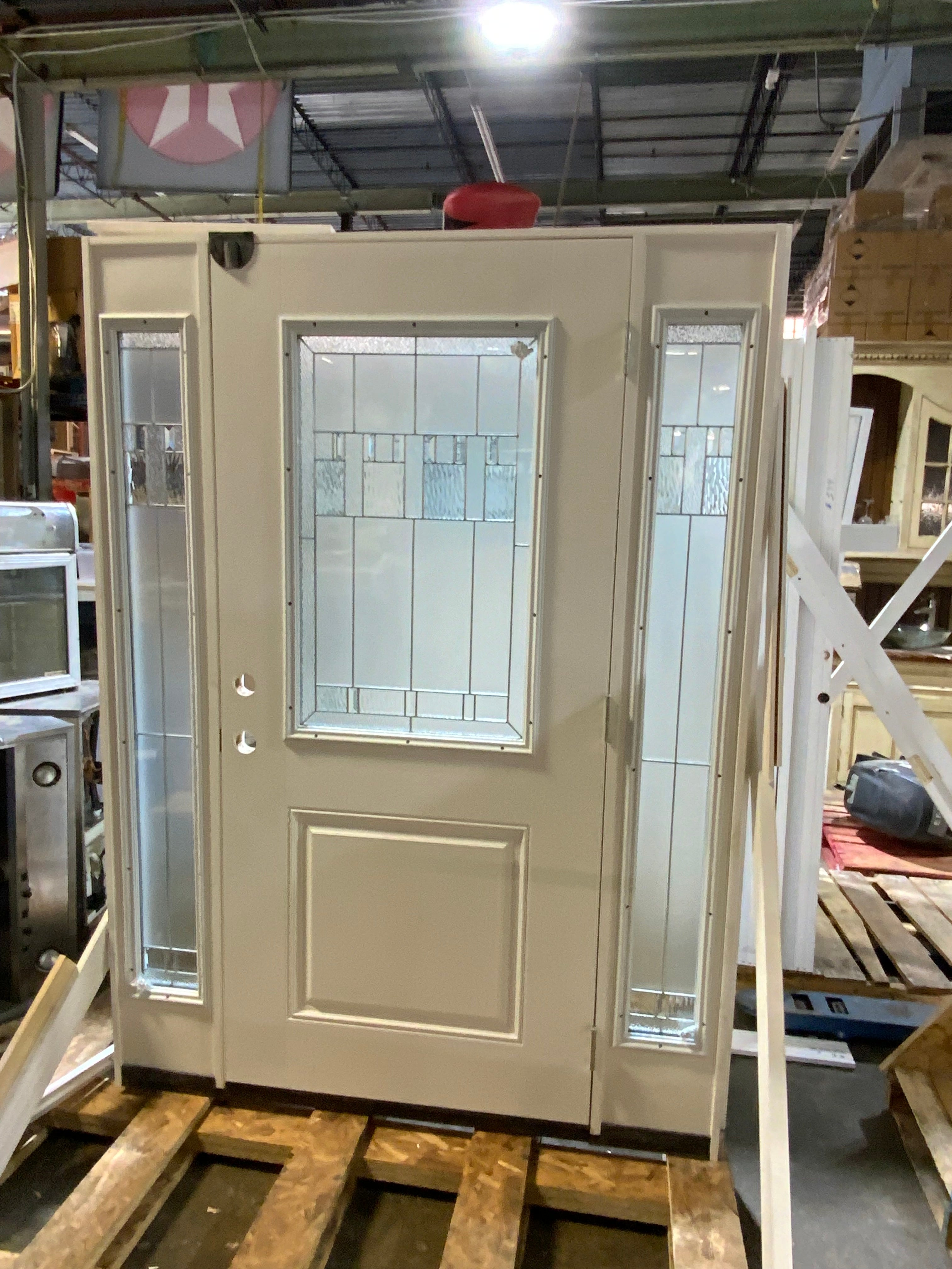 Exterior Front Entry Decorative Glass Door 36 Inch with 10 Inch Side Lites in Frame Fiberglass