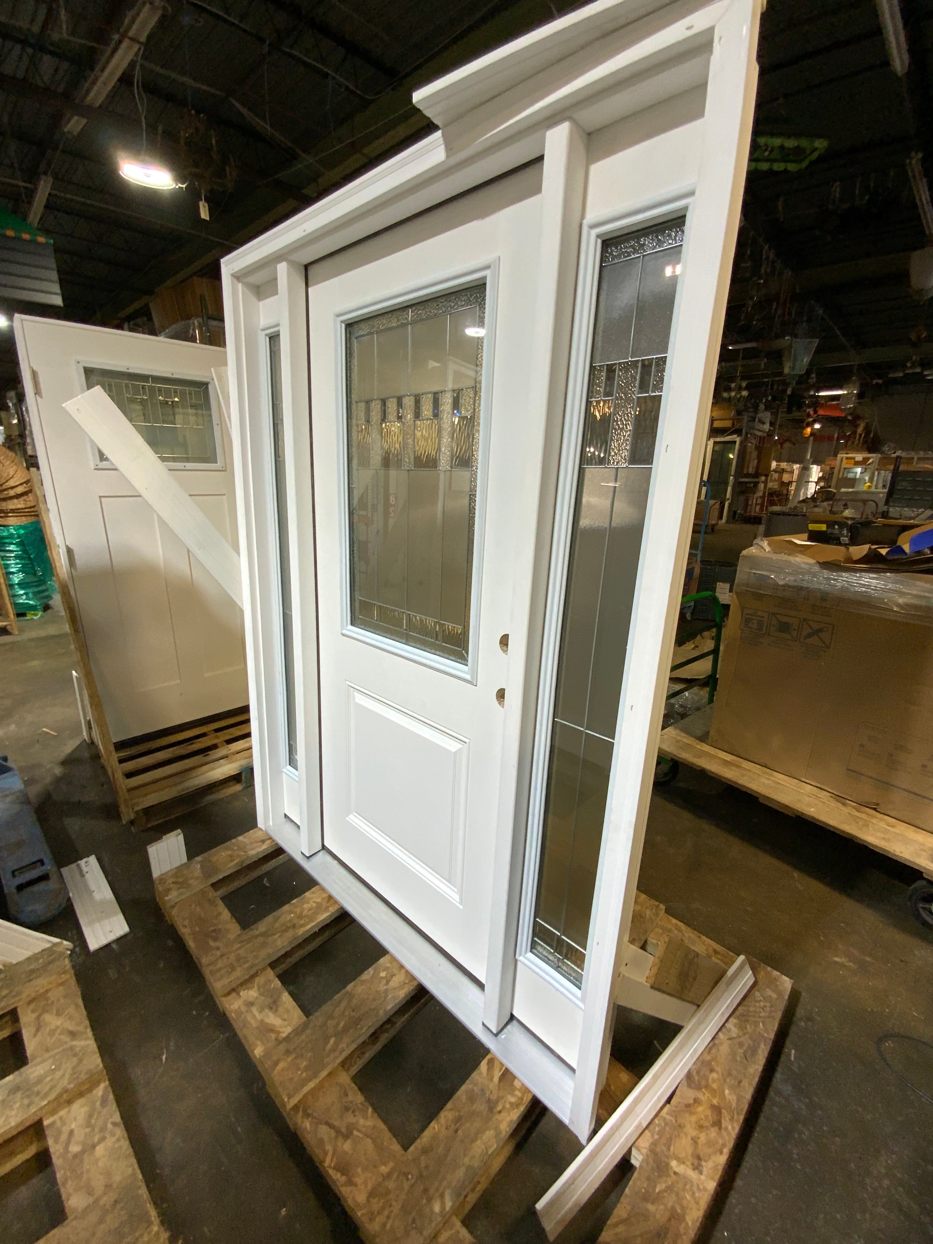 Exterior Front Entry Decorative Glass Door 36 Inch with 10 Inch Side Lites in Frame Fiberglass