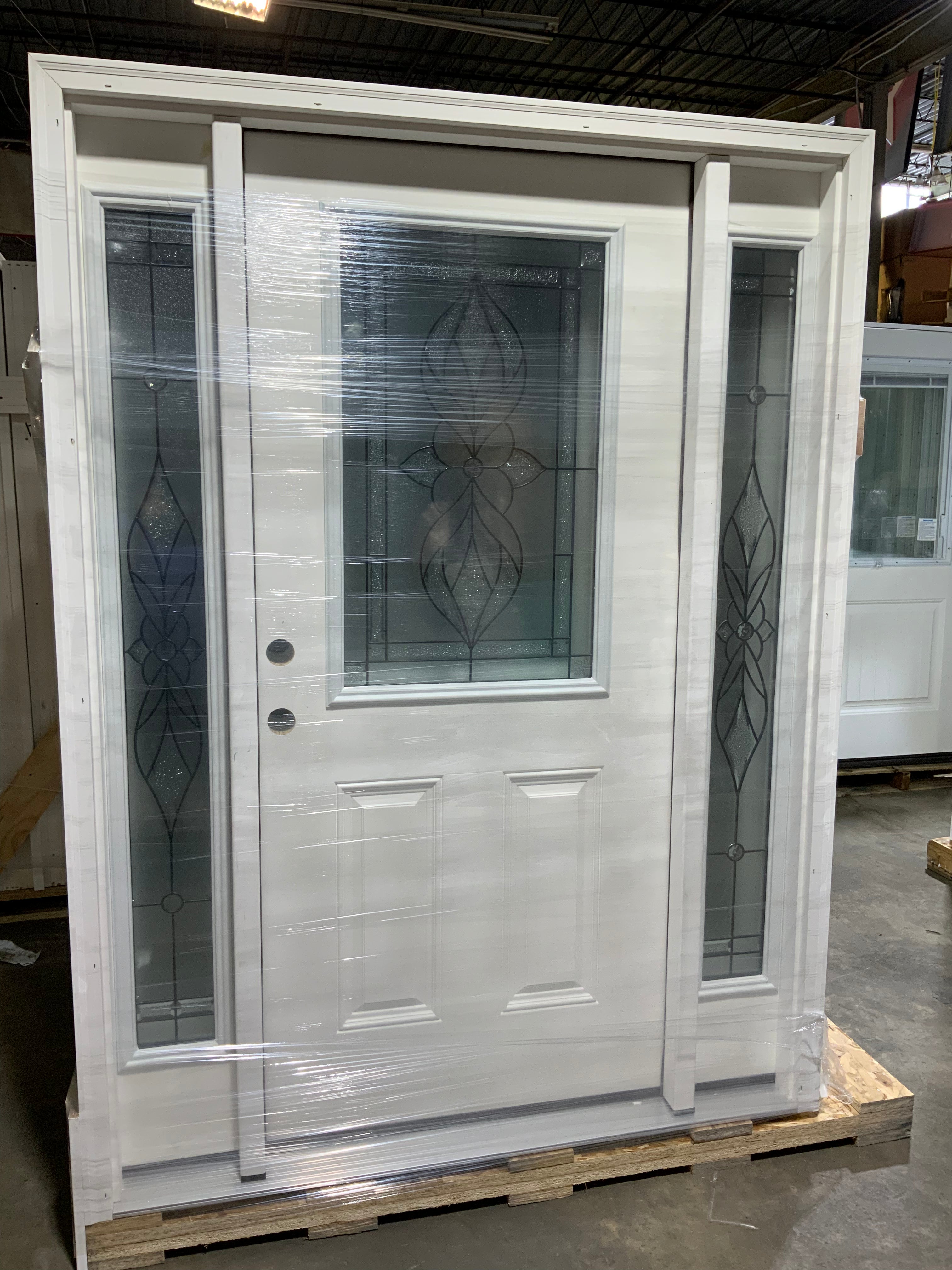 Exterior Front Entry Decorative Glass Door 36 Inch with 10 Inch Side Lites in Frame Fiberglass