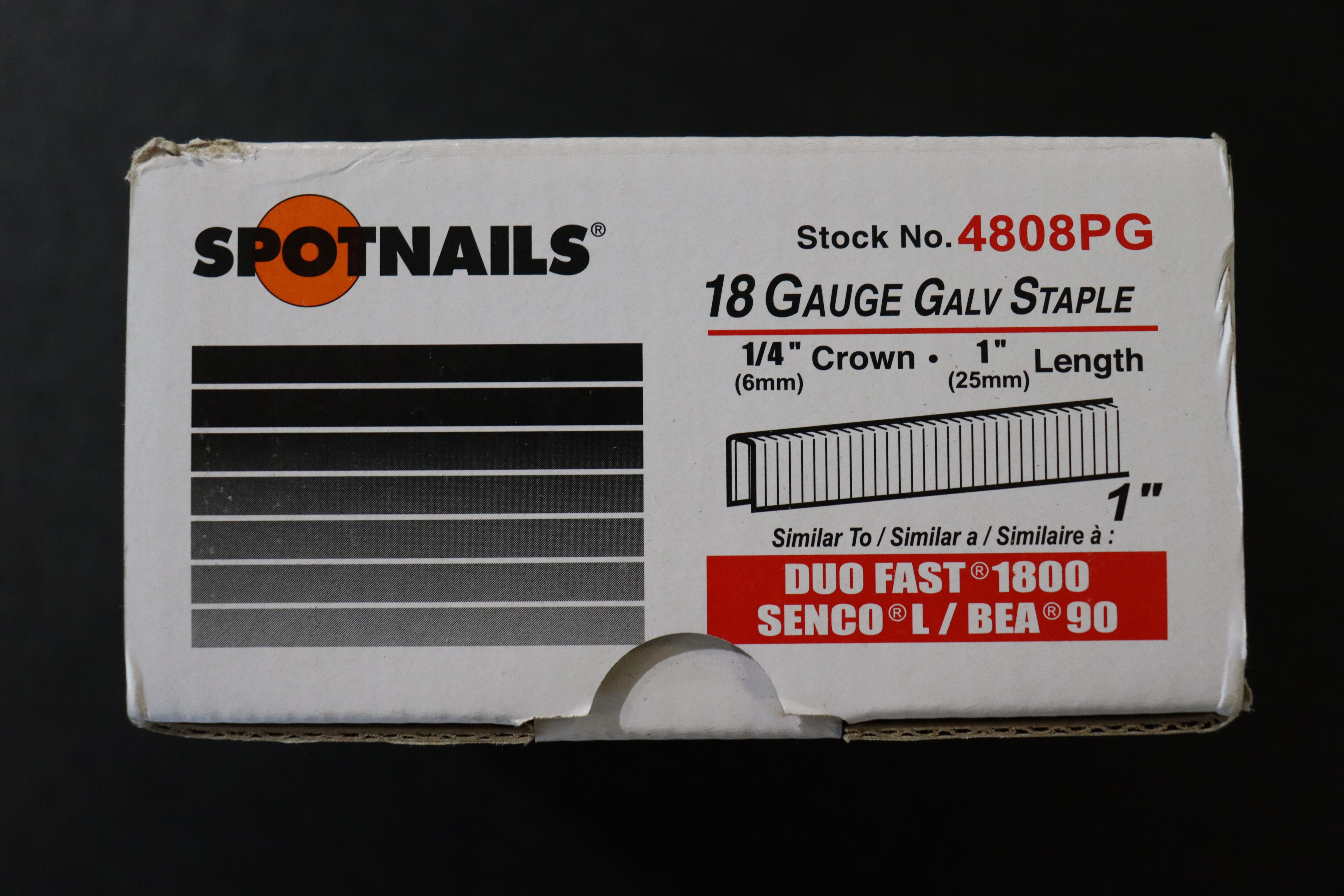 Crown Staples SpotNails 4808PG 1/4 Inch x 1 Inch 18 Guage BOX OF 5000